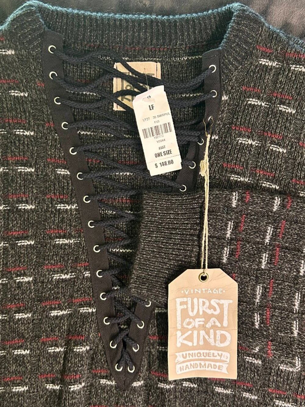 Furst Of A Kind Sweater One Size Lace Up Dark Gray